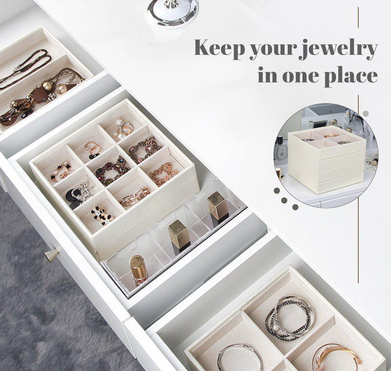 Set of 4 Stackable Leather Jewelry Tray Organizer (Ivory)