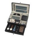 Black Leather Nightstand Valet Tray Storage with Hinged Cover and Drawer