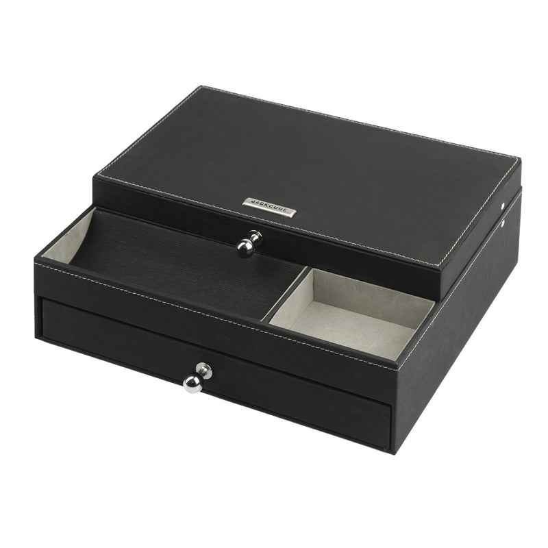 Black Leather Nightstand Valet Tray Storage with Hinged Cover and Drawer