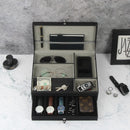 Black Leather Nightstand Valet Tray Storage with Hinged Cover and Drawer