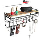 Hanging Jewelry Organizer with 9 Hooks and Bamboo Wood Shelf (Black Metal)