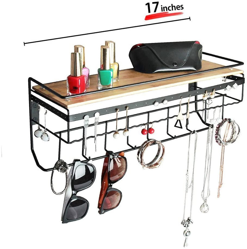 Hanging Jewelry Organizer with 9 Hooks and Bamboo Wood Shelf (Black Metal)