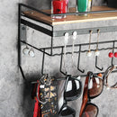 Hanging Jewelry Organizer with 9 Hooks and Bamboo Wood Shelf (Black Metal)