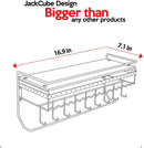 Hanging Jewelry Organizer with 9 Hooks and Bamboo Wood Shelf (Black Metal)