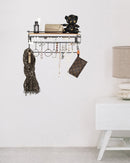 Hanging Jewelry Organizer with 9 Hooks and Bamboo Wood Shelf (Black Metal)