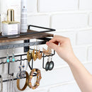 Hanging Jewelry Organizer with 9 Hooks and Toarched Wood Shelf (Black Metal)