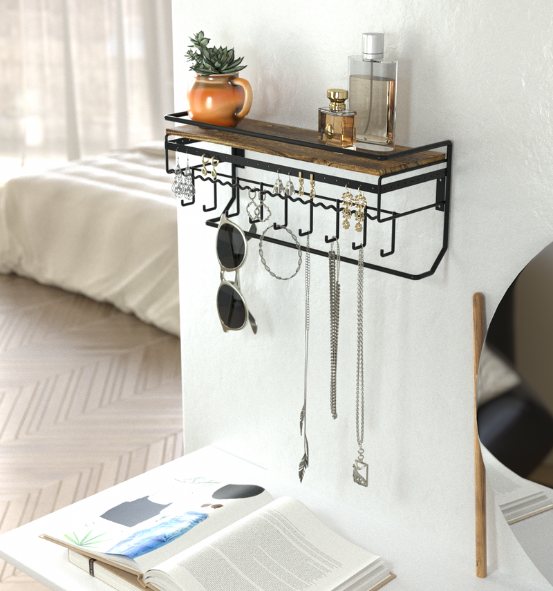 Hanging Jewelry Organizer with 9 Hooks and Toarched Wood Shelf (Black Metal)