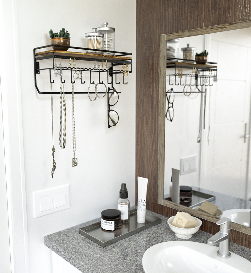 Hanging Jewelry Organizer with 9 Hooks and Toarched Wood Shelf (Black Metal)