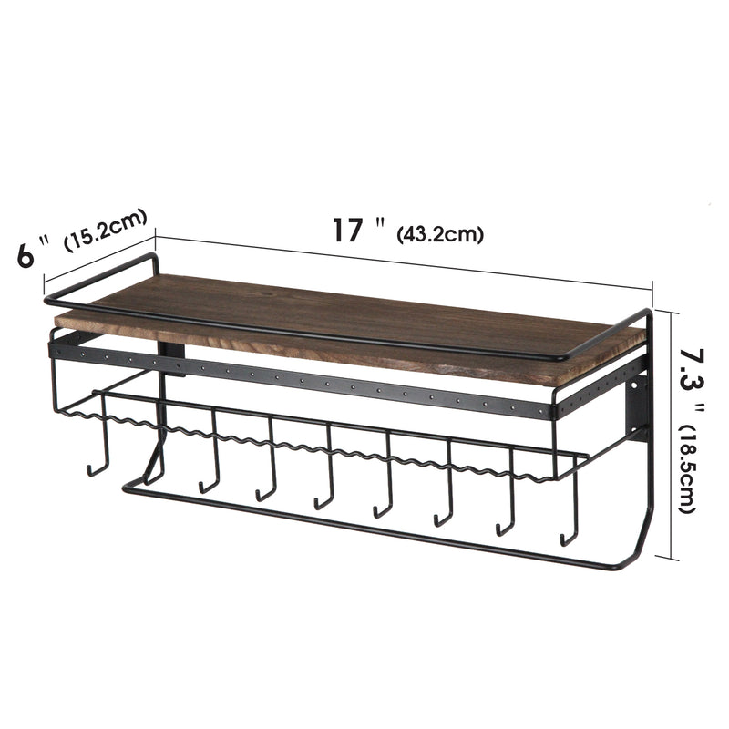 Hanging Jewelry Organizer with 9 Hooks and Toarched Wood Shelf (Black Metal)