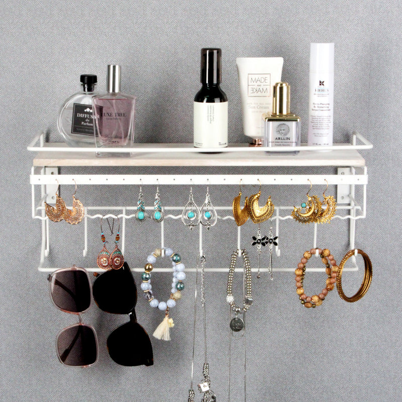 Hanging Jewelry Organizer with 9 Hooks and White Wood Shelf (White Metal)