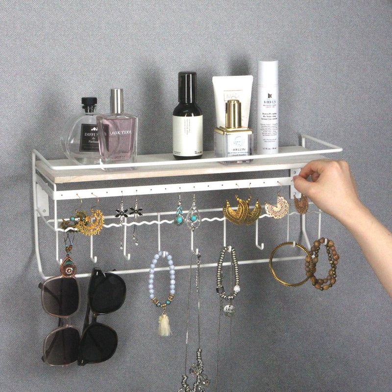 Hanging Jewelry Organizer with 9 Hooks and White Wood Shelf (White Metal)