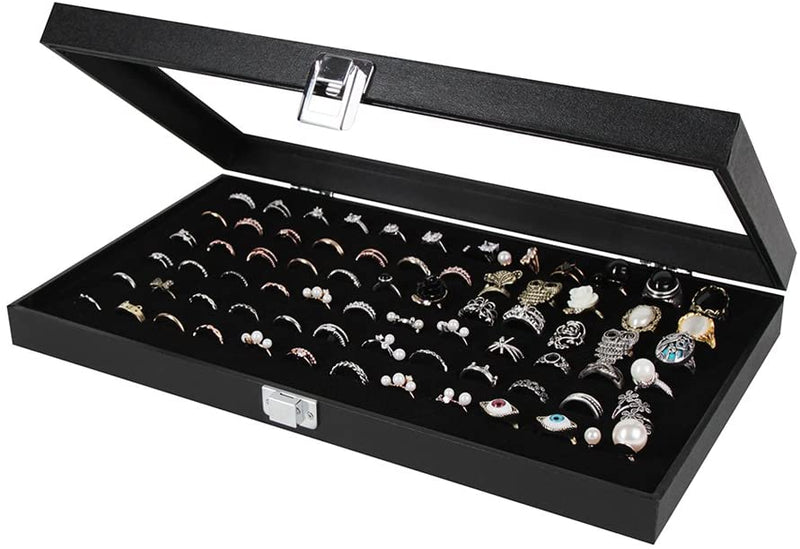 Black Velvet Ring Display Organizer Storage Box- 72 Ring Slots
