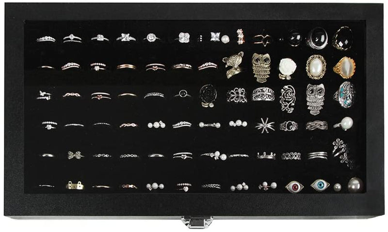 Black Velvet Ring Display Organizer Storage Box- 72 Ring Slots