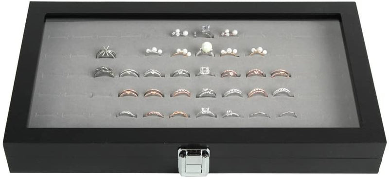 Gray Velvet Ring Display Organizer Storage Box- 72 Ring Slots