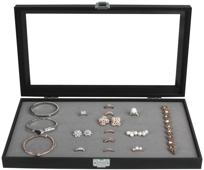 Gray Velvet Ring Display Organizer Storage Box- 72 Ring Slots