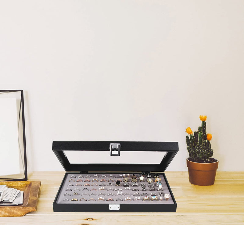 Gray Velvet Ring Display Organizer Storage Box- 72 Ring Slots