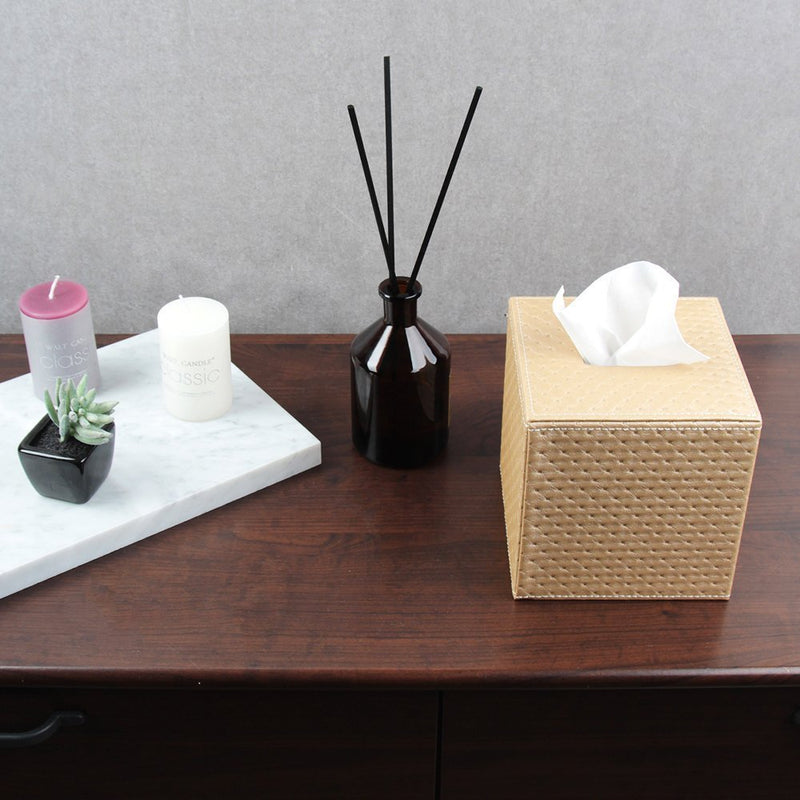 Gold Quilted Faux Leather Square Tissue Box Holder Cover