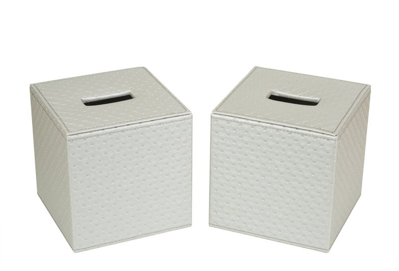 Set of 2 Silver Quilted Faux Leather Square Tissue Box Holder Cover