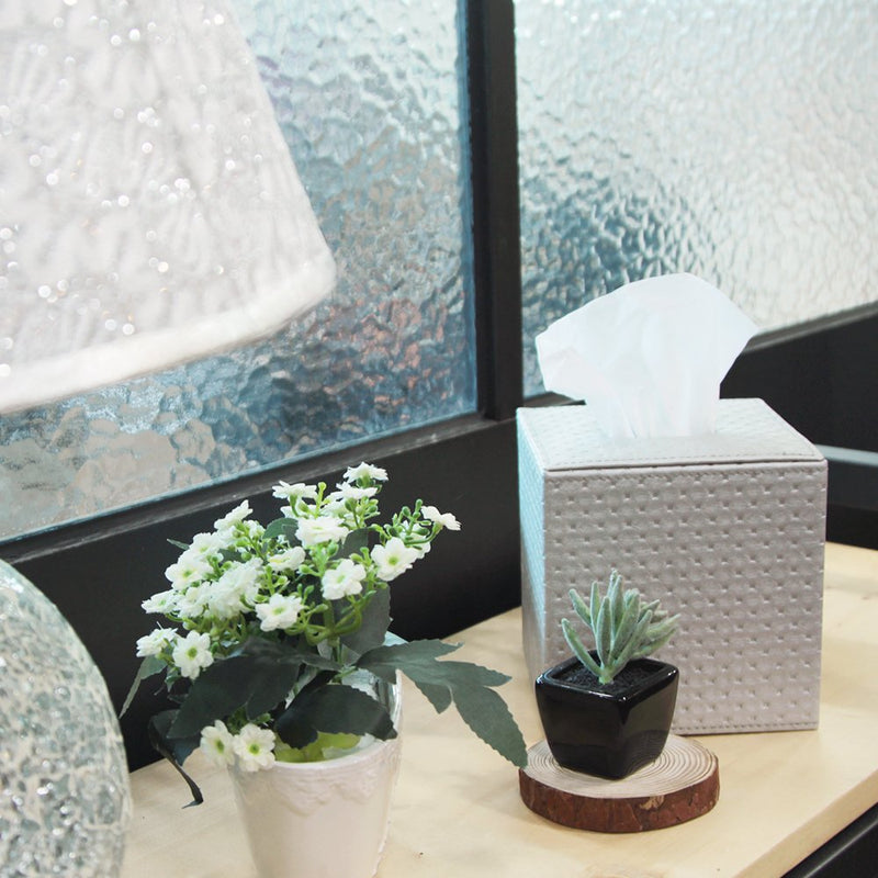 Set of 2 Silver Quilted Faux Leather Square Tissue Box Holder Cover
