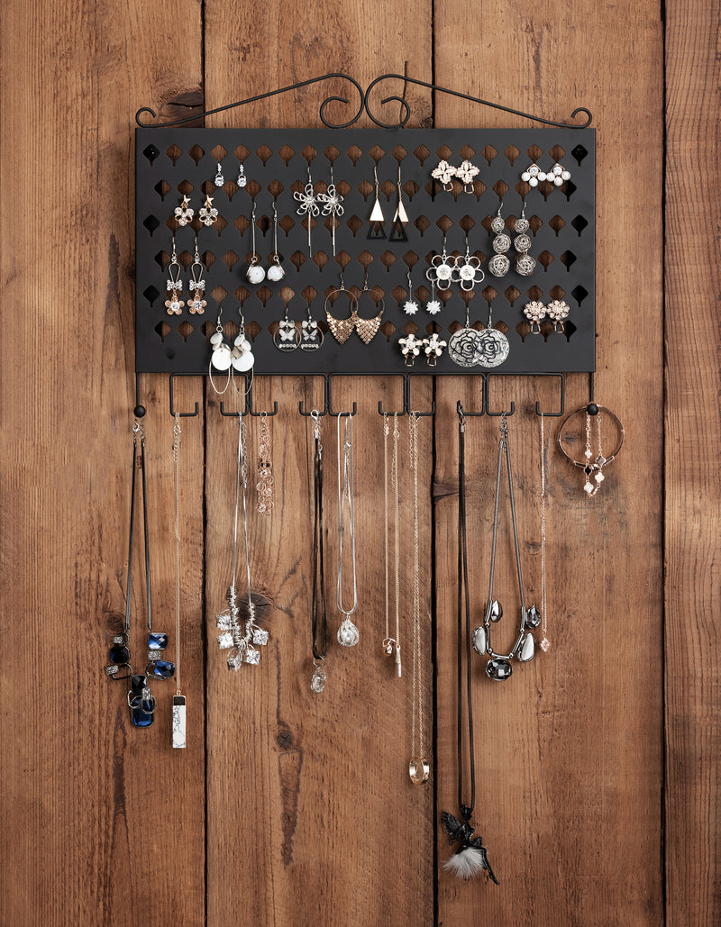 Black Wall Mount Jewelry Organizer with 117 Holes & 12 Hooks