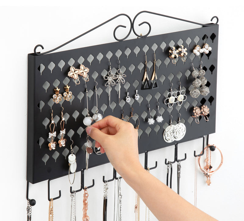 Black Wall Mount Jewelry Organizer with 117 Holes & 12 Hooks