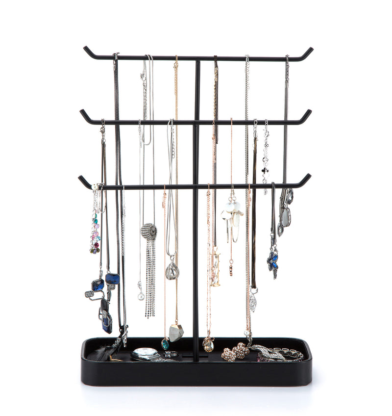 3 Tier Black Metal Jewelry Display Treer Stand with Tray Storage