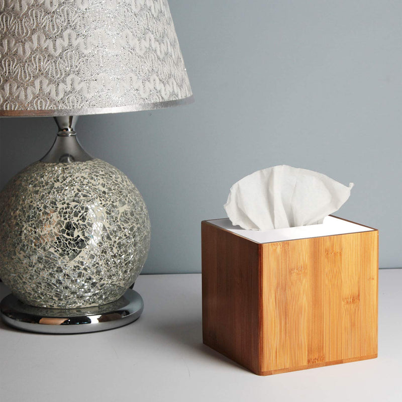 Bamboo with White Acrylic Cover Square Tissue Box Holder