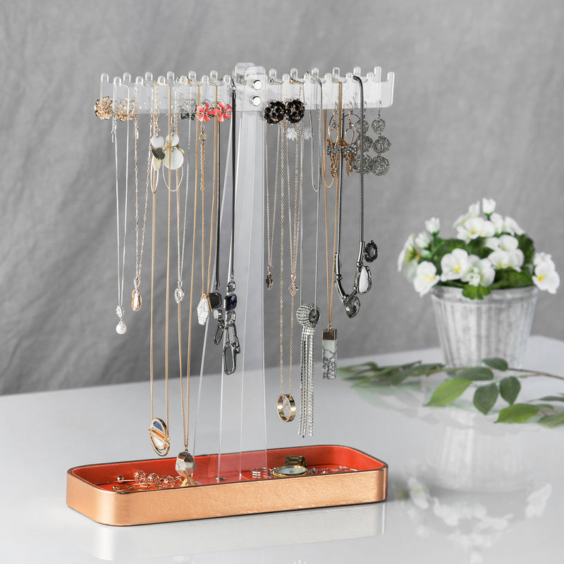 Acrylic Jewelry Tree Stand Organizer with Metal Tray