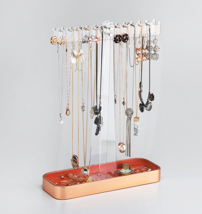Acrylic Jewelry Tree Stand Organizer with Metal Tray