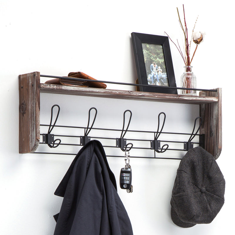 Wall Mounted Coat Rack Shelf with 5 Hooks