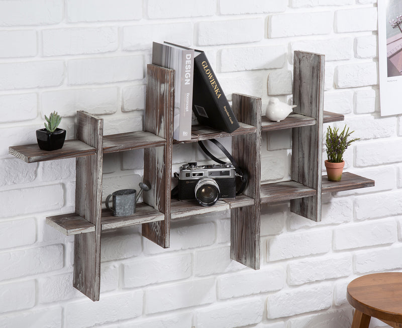 Set of 2 Cube Grid Rustic Wall Mount Shelves (6 Compartments)