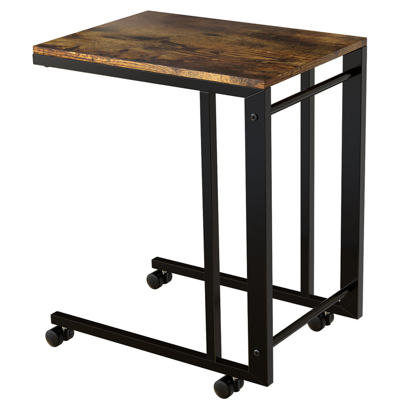Rustic Wood C Shaped Side Table with Rolling Casters