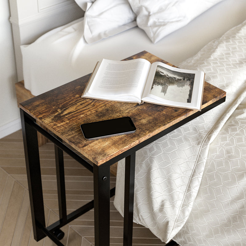 Rustic Wood C Shaped Side Table with Rolling Casters