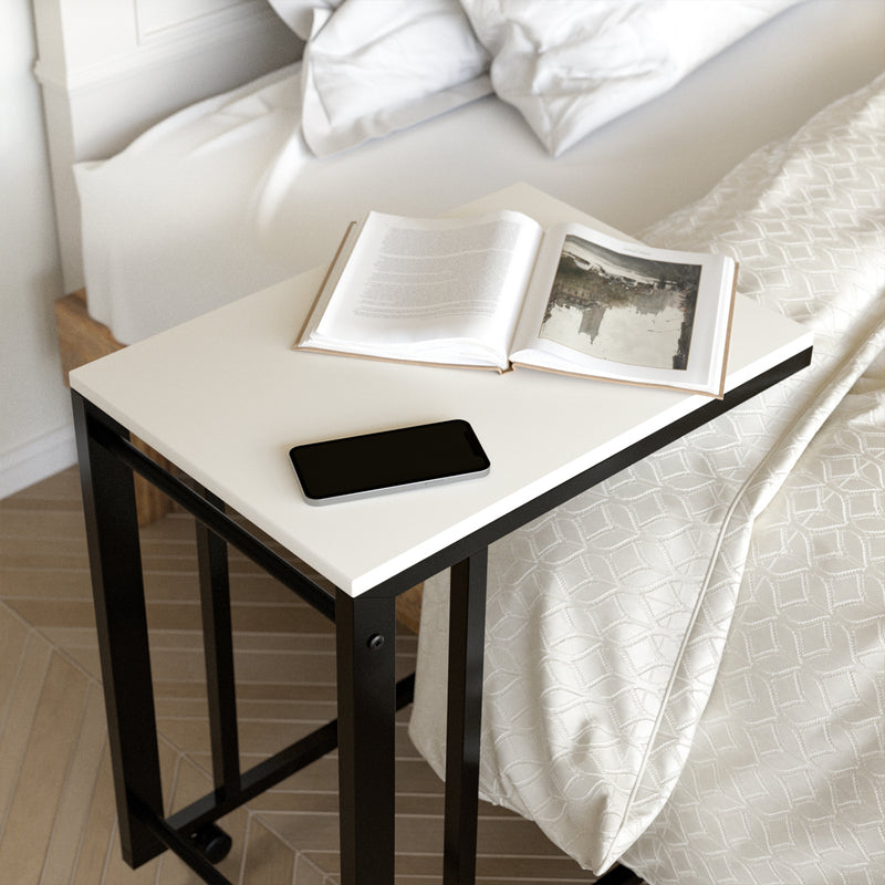White C Shaped Side Table with Rolling Casters