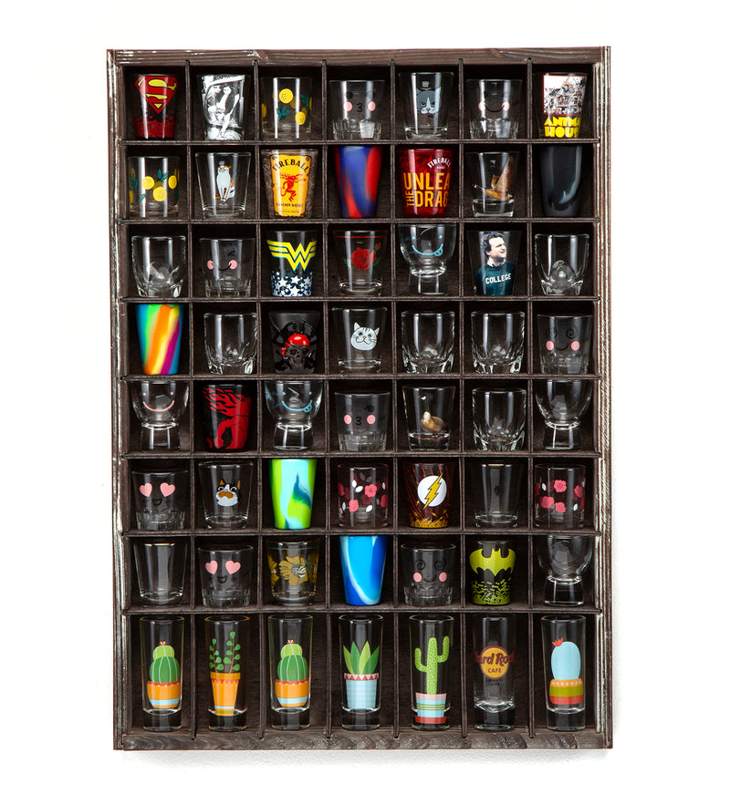 Rustic Wood Shot Glasses Display Case (56 Compartments)