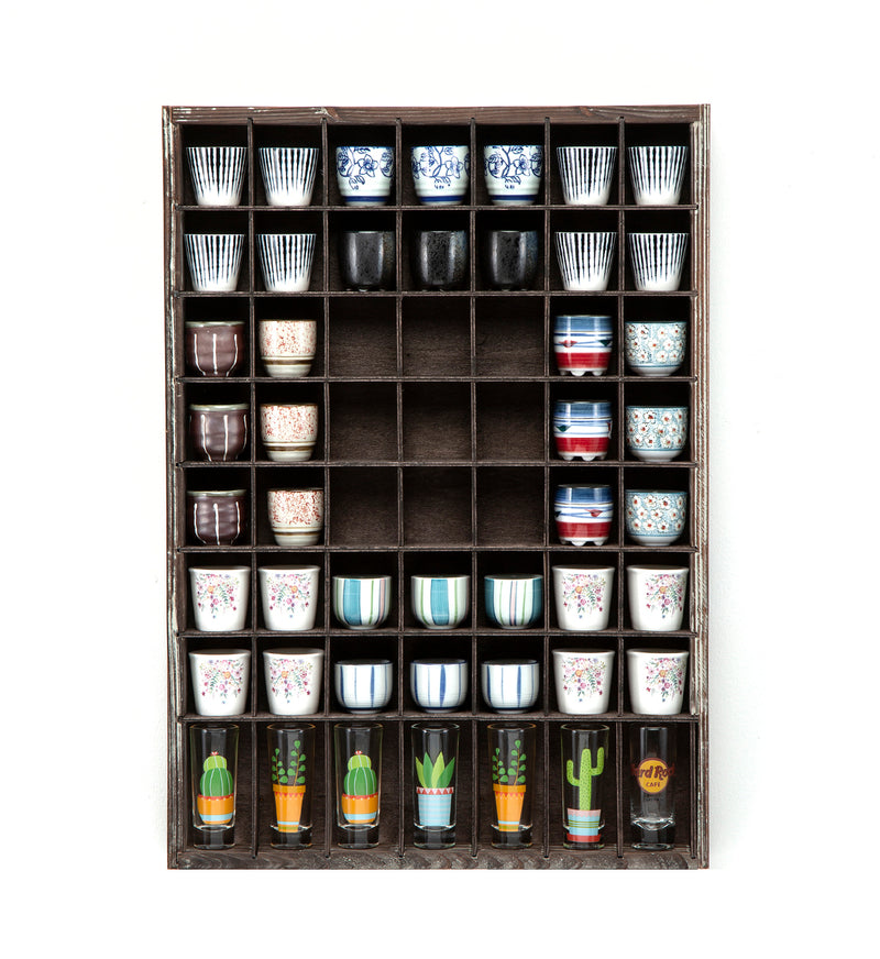 Rustic Wood Shot Glasses Display Case (56 Compartments)