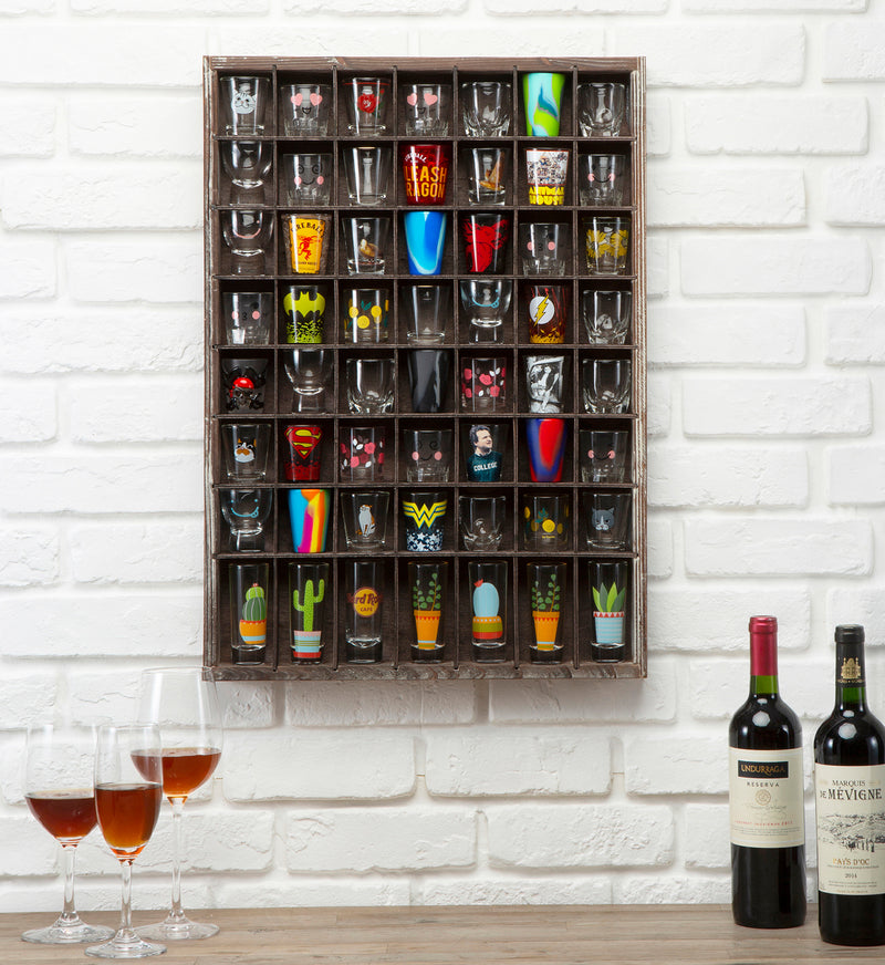 Rustic Wood Shot Glasses Display Case (56 Compartments)