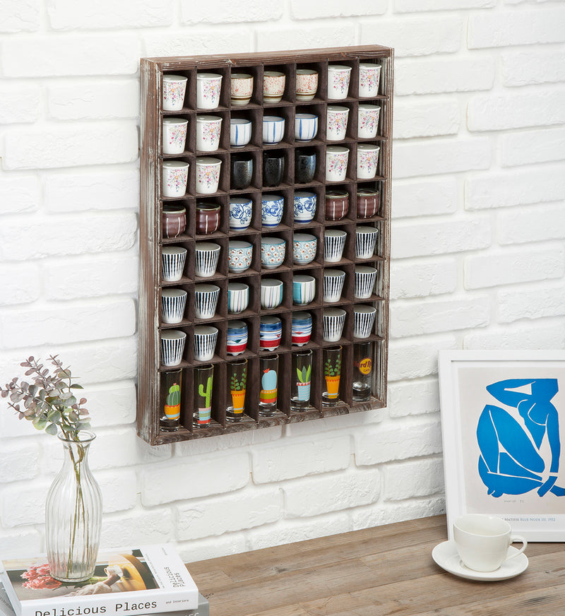 Rustic Wood Shot Glasses Display Case (56 Compartments)