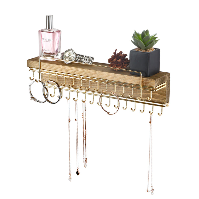 Wall Mount Jewelry Organizer with 30 Gold Metal Hooks