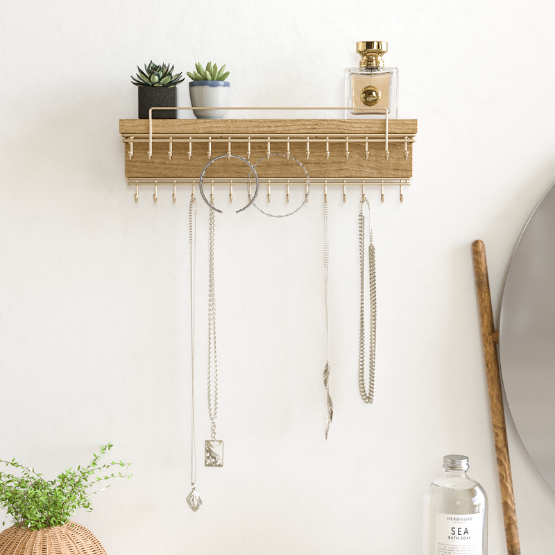 Wall Mount Jewelry Organizer with 30 Gold Metal Hooks