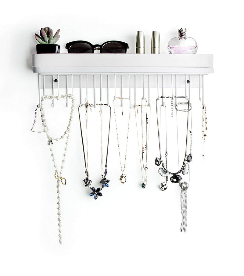 Wall Mount Jewelry Organizer with 25 Hooks and Shelf (White) – J JACKCUBE  DESIGN