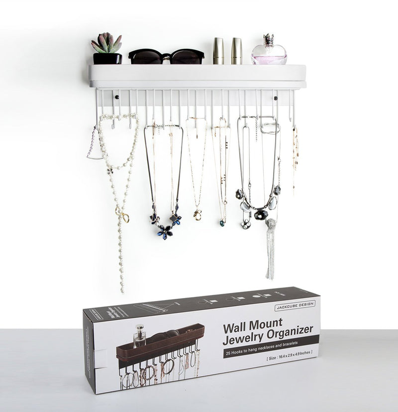 Wall Mount Jewelry Organizer with 25 Hooks and Shelf (White) – J JACKCUBE  DESIGN