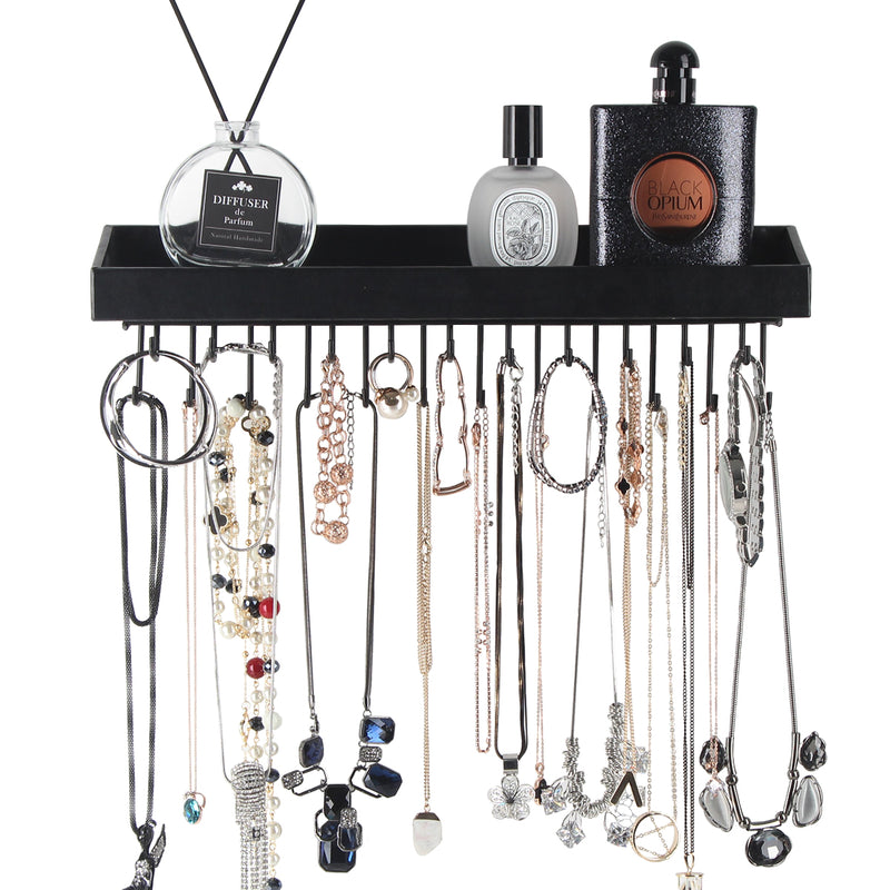 Hanging Jewelry Organizer with 23 Hooks and Shelf (Black)