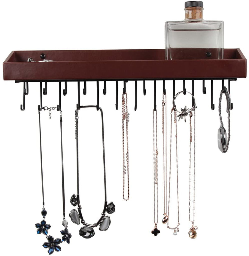Hanging Jewelry Organizer with 23 Hooks and Shelf (Brown)