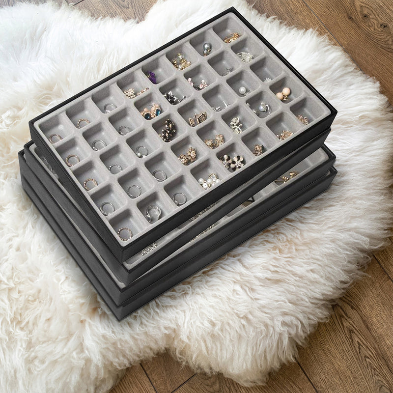 40 Comparment Stackable Synthetic Leather Jewelry Black Tray (Gray Inside)