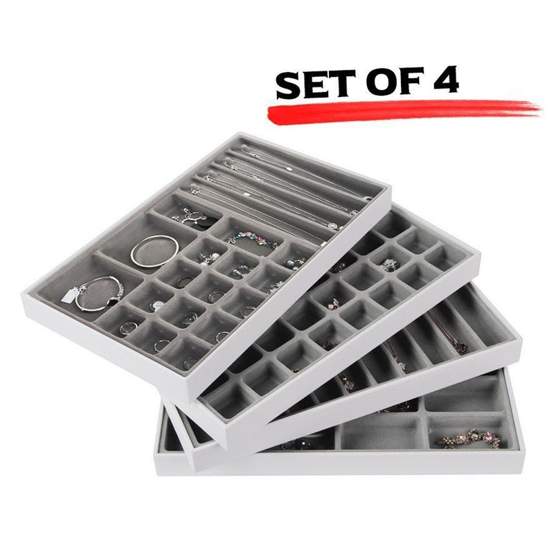 Set of 4 Different Stackable Synthetic Leather Jewelry Tray (White)