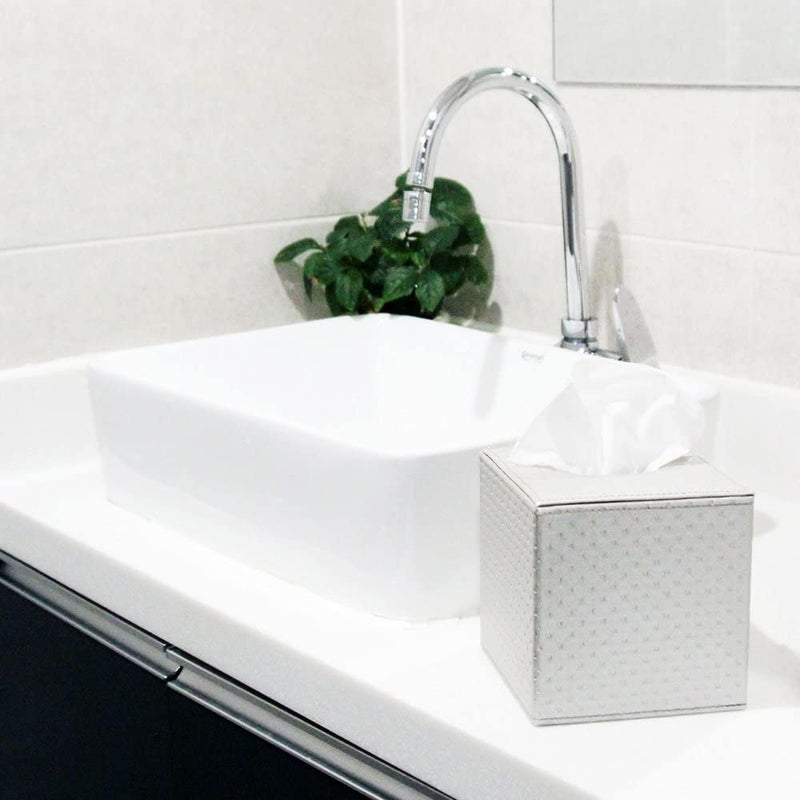 Silver Quilted Faux Leather Square Tissue Box Holder Cover
