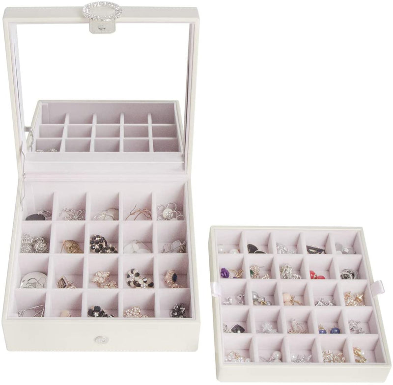 Beige Leather Earring Storage Box with 50 Comparments & Mirror Inside