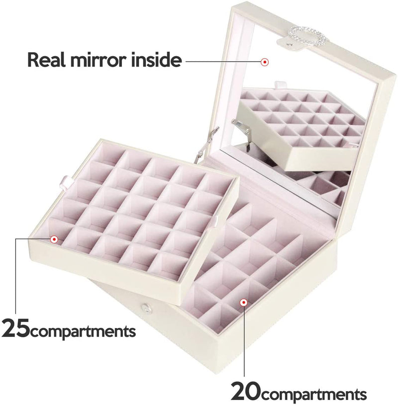Beige Leather Earring Storage Box with 50 Comparments & Mirror Inside