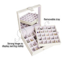 Beige Leather Earring Storage Box with 50 Comparments & Mirror Inside